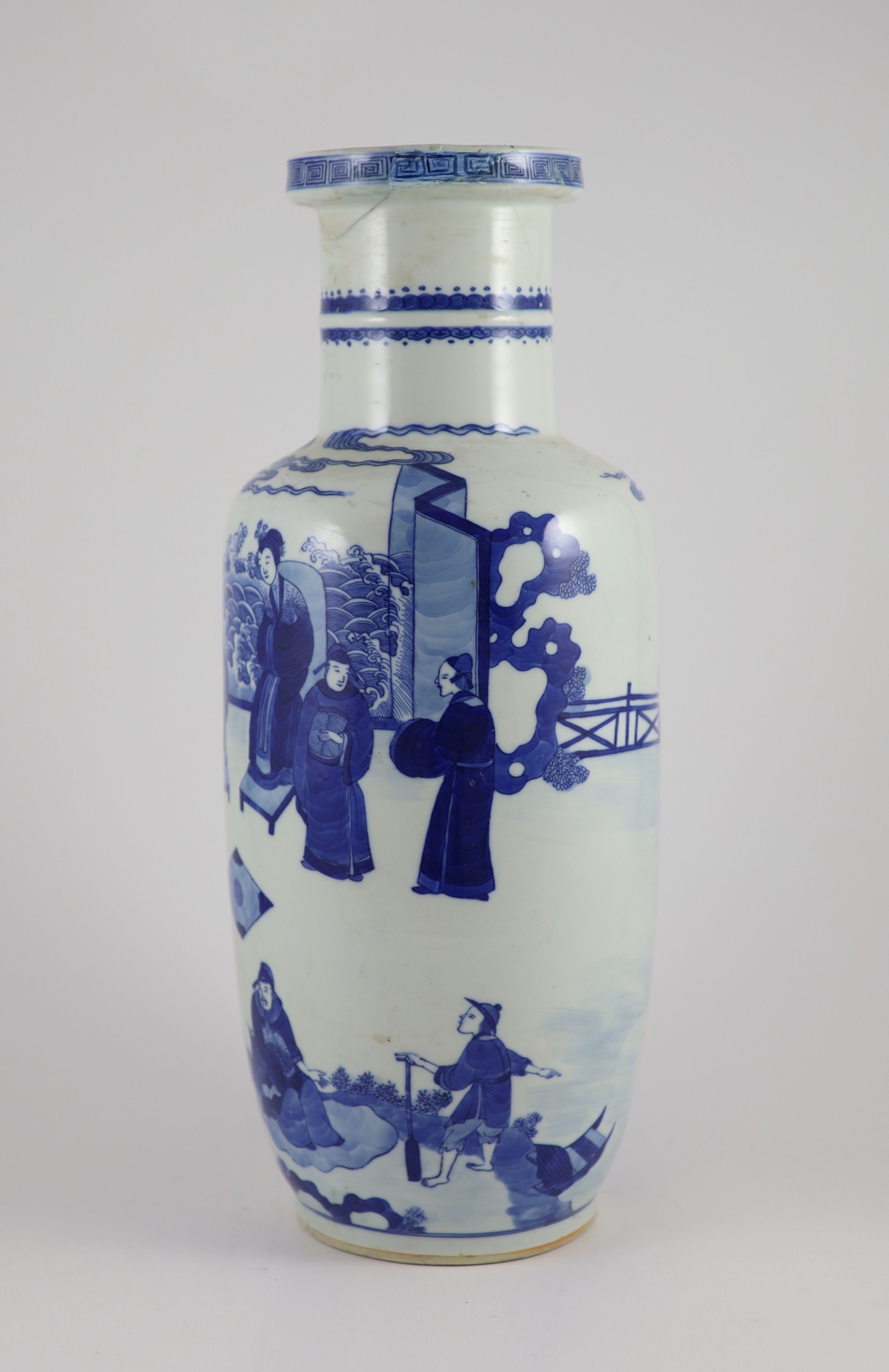 A Chinese blue and white rouleau vase, 19th century 44cm high, neck broken and restored